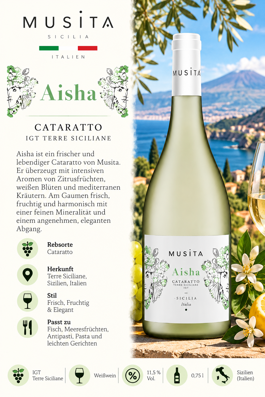 Weißwein, Sicilia, Aisha, Cataratto, IGT Terres Siciliane