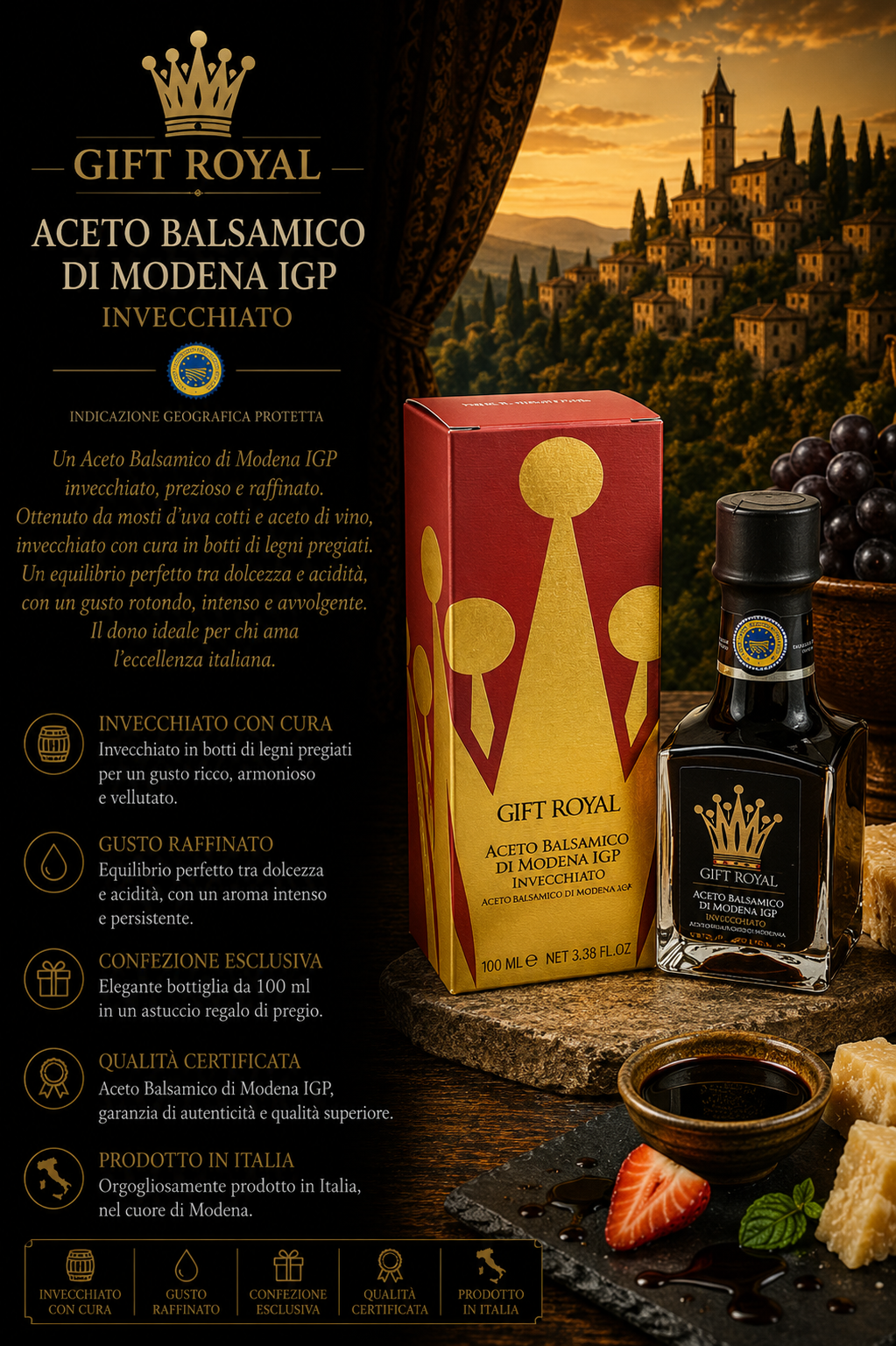 Aceto balsamico, Modena IGP, Invecchiato, Flasche, Kartonverpackung