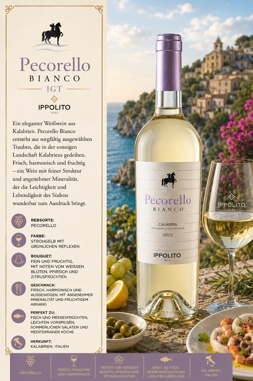 Weißwein, Pecorello, Kalabrien, Ippolito, Weißweinflasche