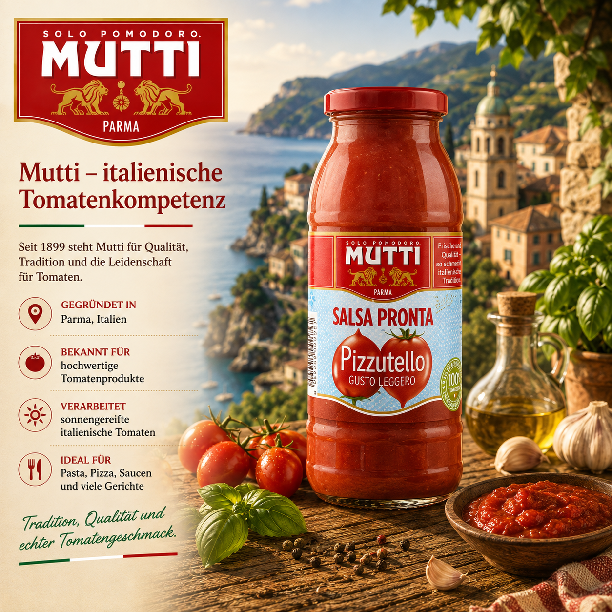 Tomatensauce, Pizzatomatensauce, Mutti, Salsa Pronta, Glasflasche