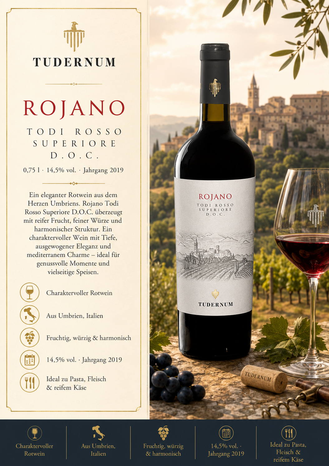 Rotwein, Weinflasche, Tudernum, Rojano, Italien