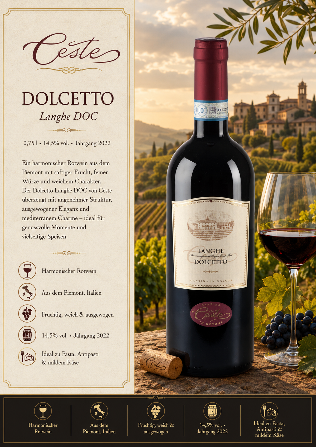 Rotwein, Dolcetto, Langhe, Italien, Vin