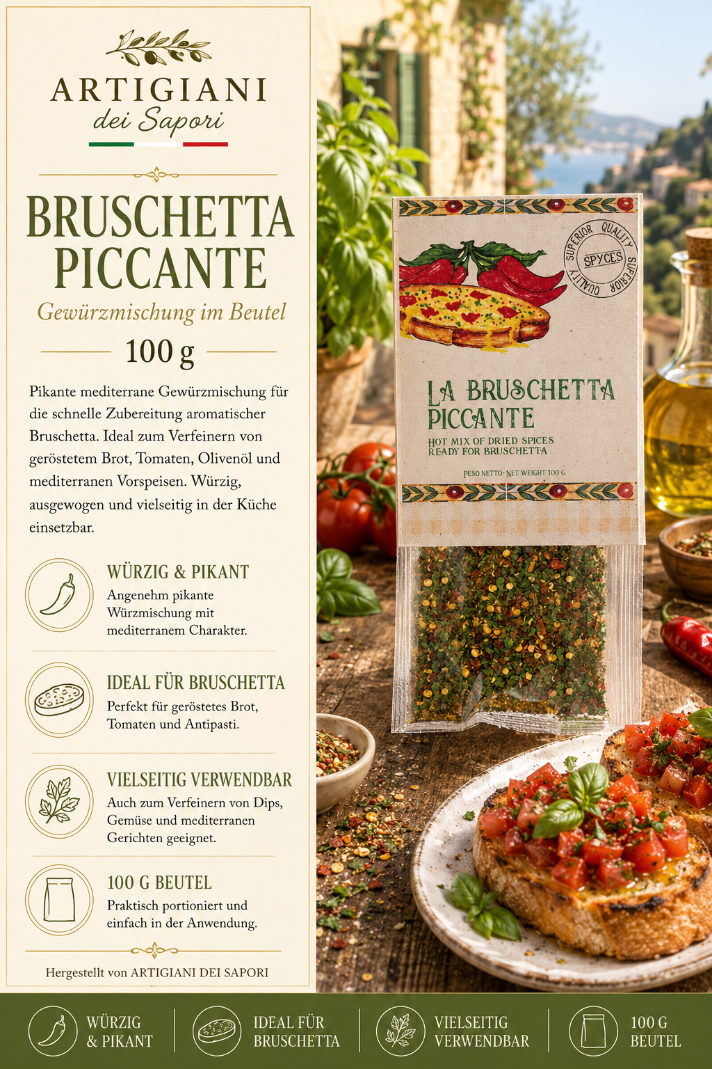 Bruschetta, Gewürzmischung, 100 g Beutel, mediterran, Pfefferkörner