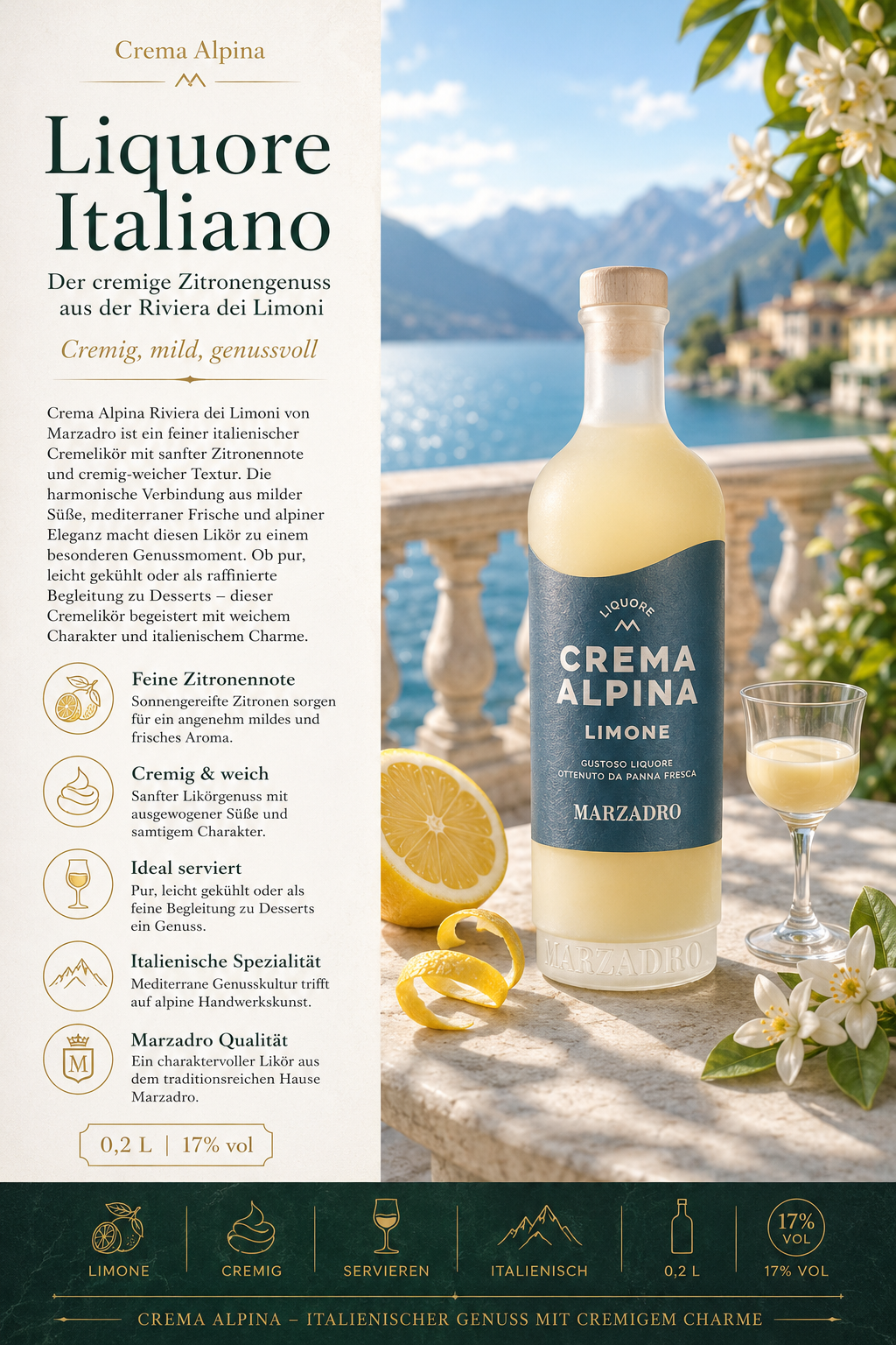 Limone, Likör, Crema Alpina, Limone, Glasflasche