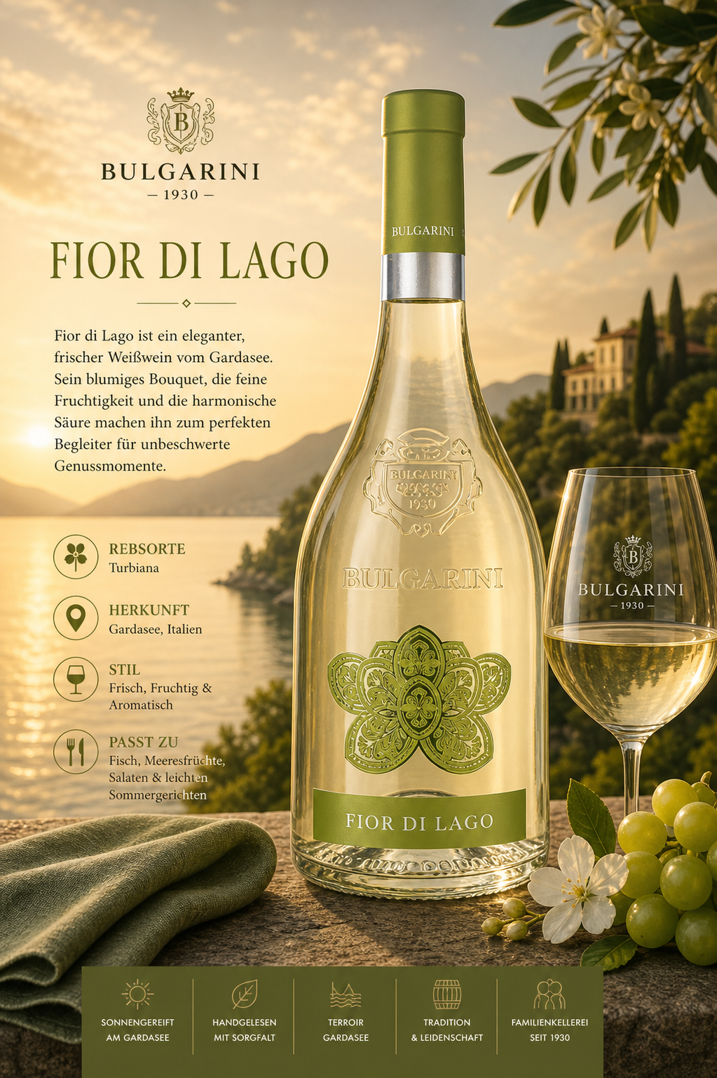 Weißwein, Flasche, Burgarini, Fior di Lago, Glasware