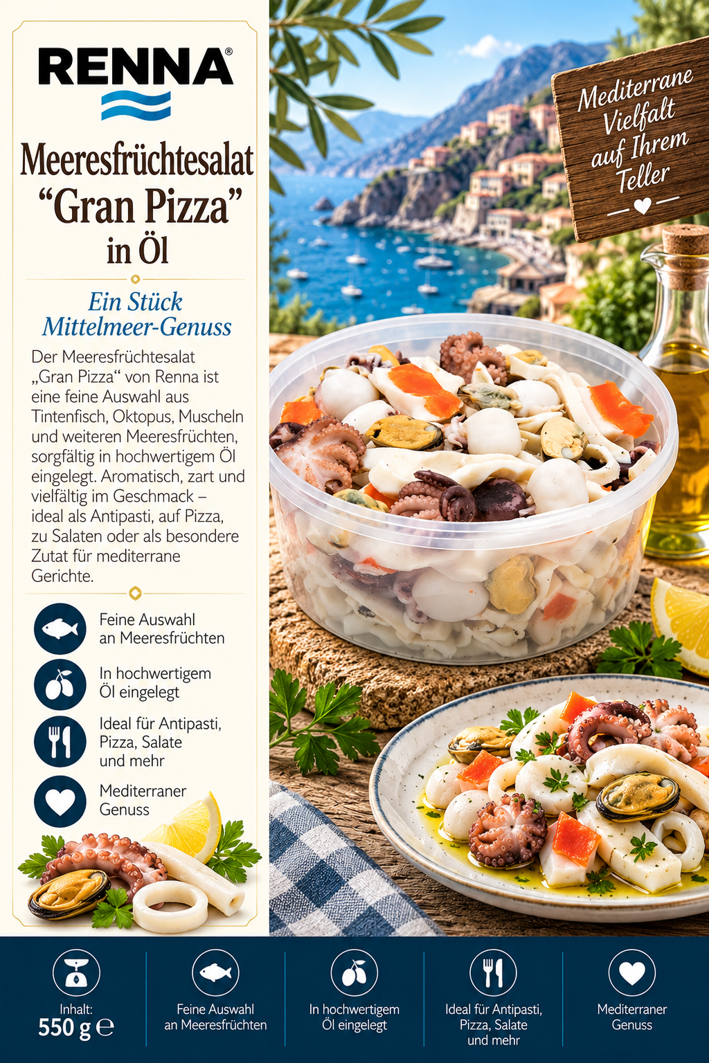 Meeresfrüchte, Salat, Olivöl, Pizza-Beilage, Mediterran