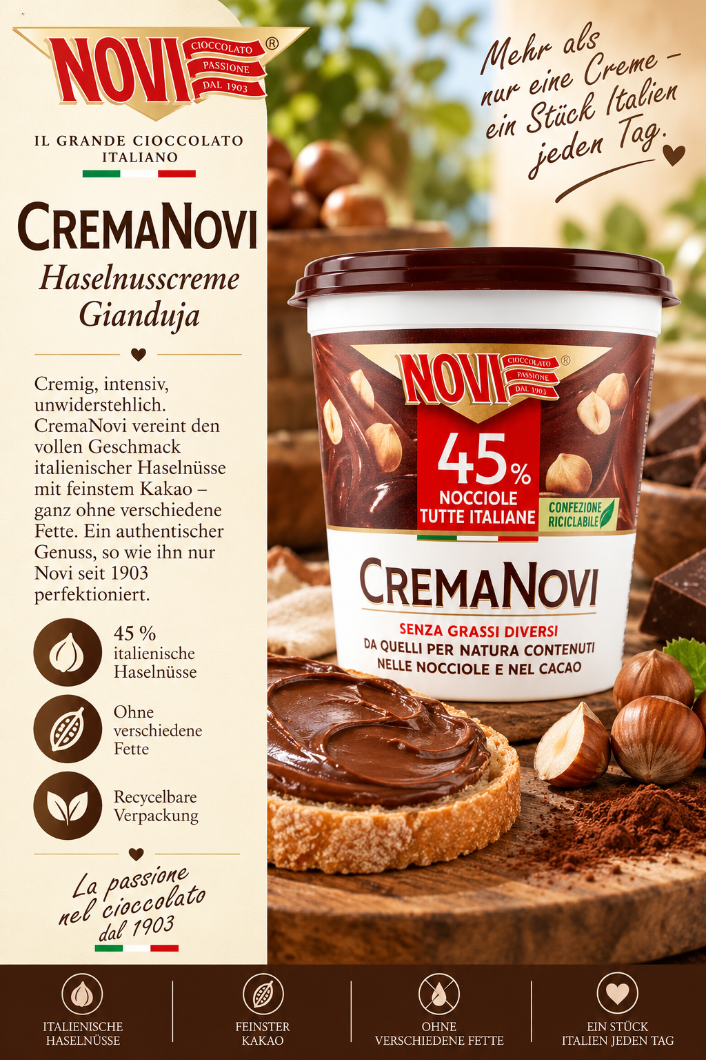 haselnuss, cremaNovi, nussbutter, italienische schokolade, 45%