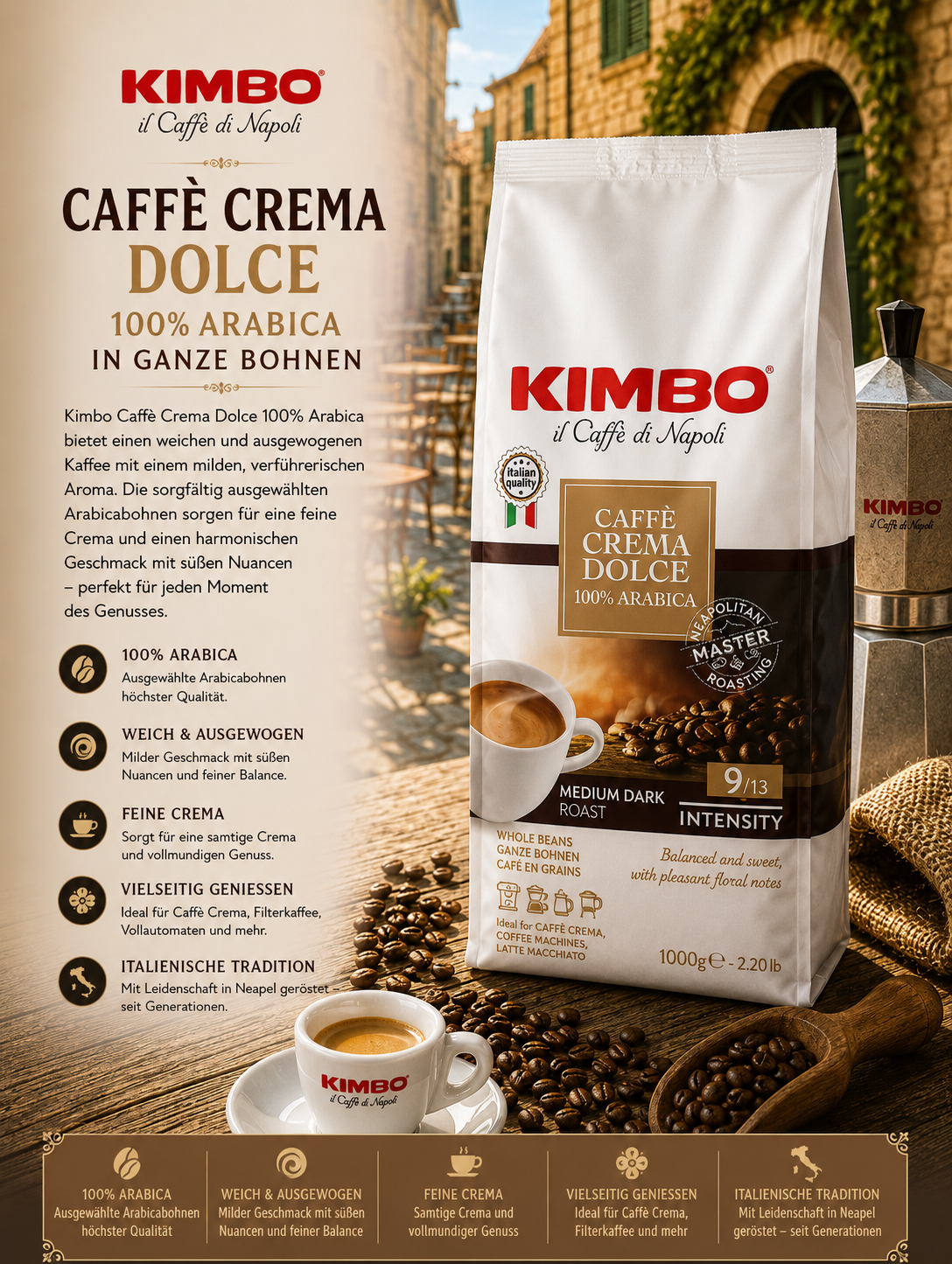 Kaffee, Kaffeecreme, Arabica, ganze Bohnen, Verpackung