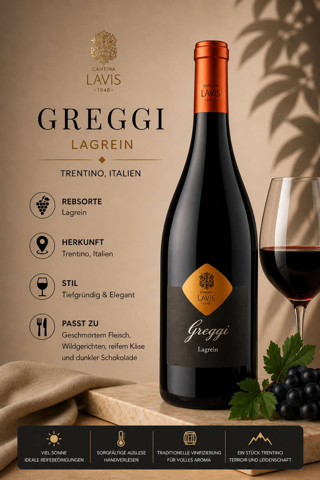 Lavein Lagrein, Lagrein, Rotwein, Weinglas, Italienische Weinflasche