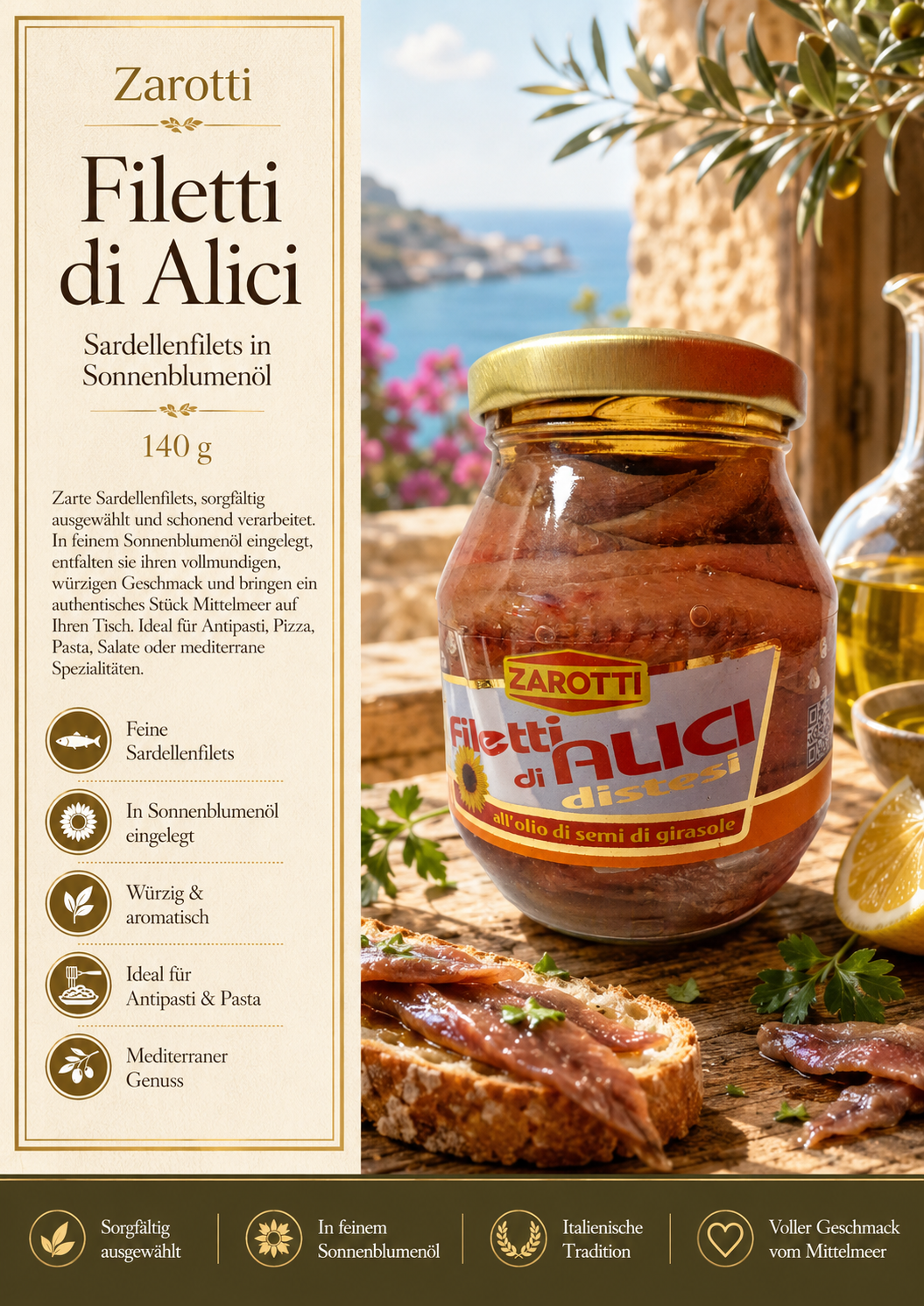 Sardellenfilets, Filetti di Alici, Sonnenblumenöl, Glas jar, Mediterraner Genuss
