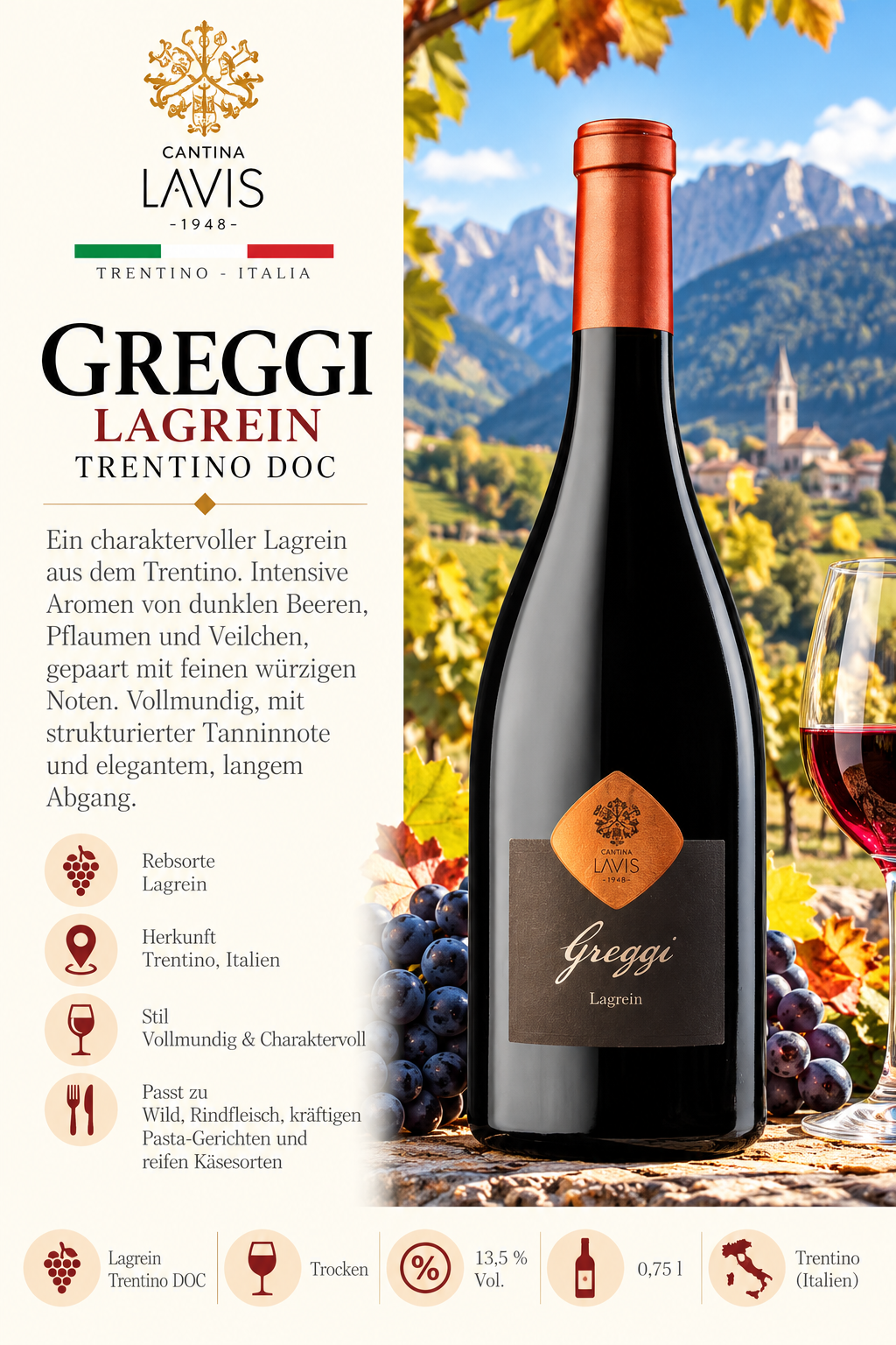 Lagrein, Treviso, Rotwein, Trentino DOC, Weinflasche