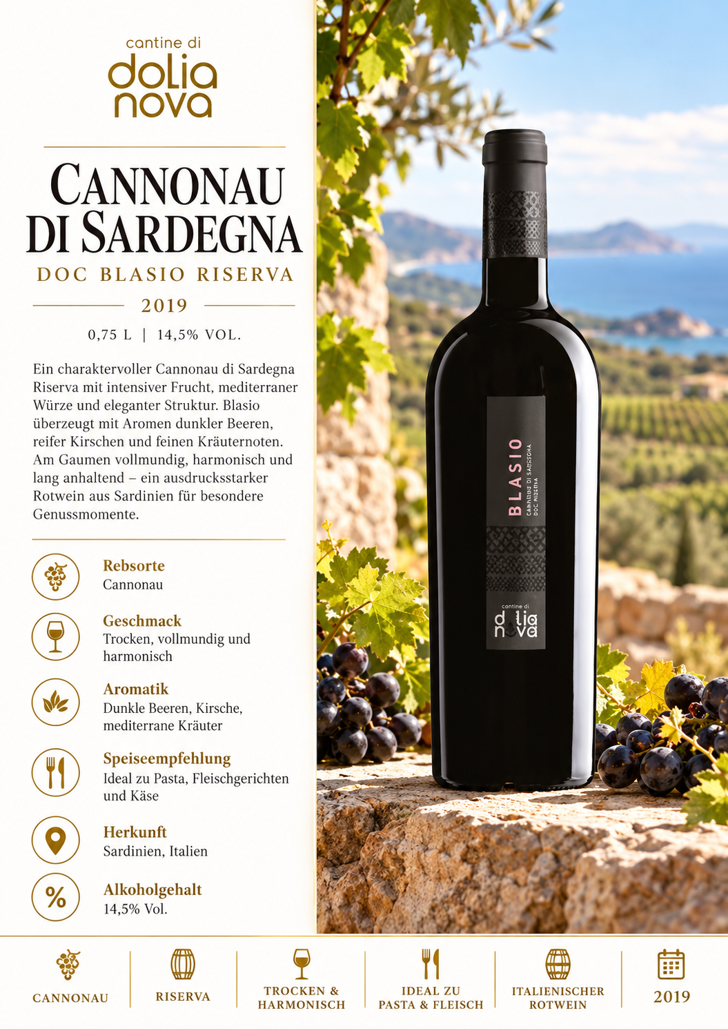 Rotwein, Cannonau, Flasche, Italienischer Wein, 2019