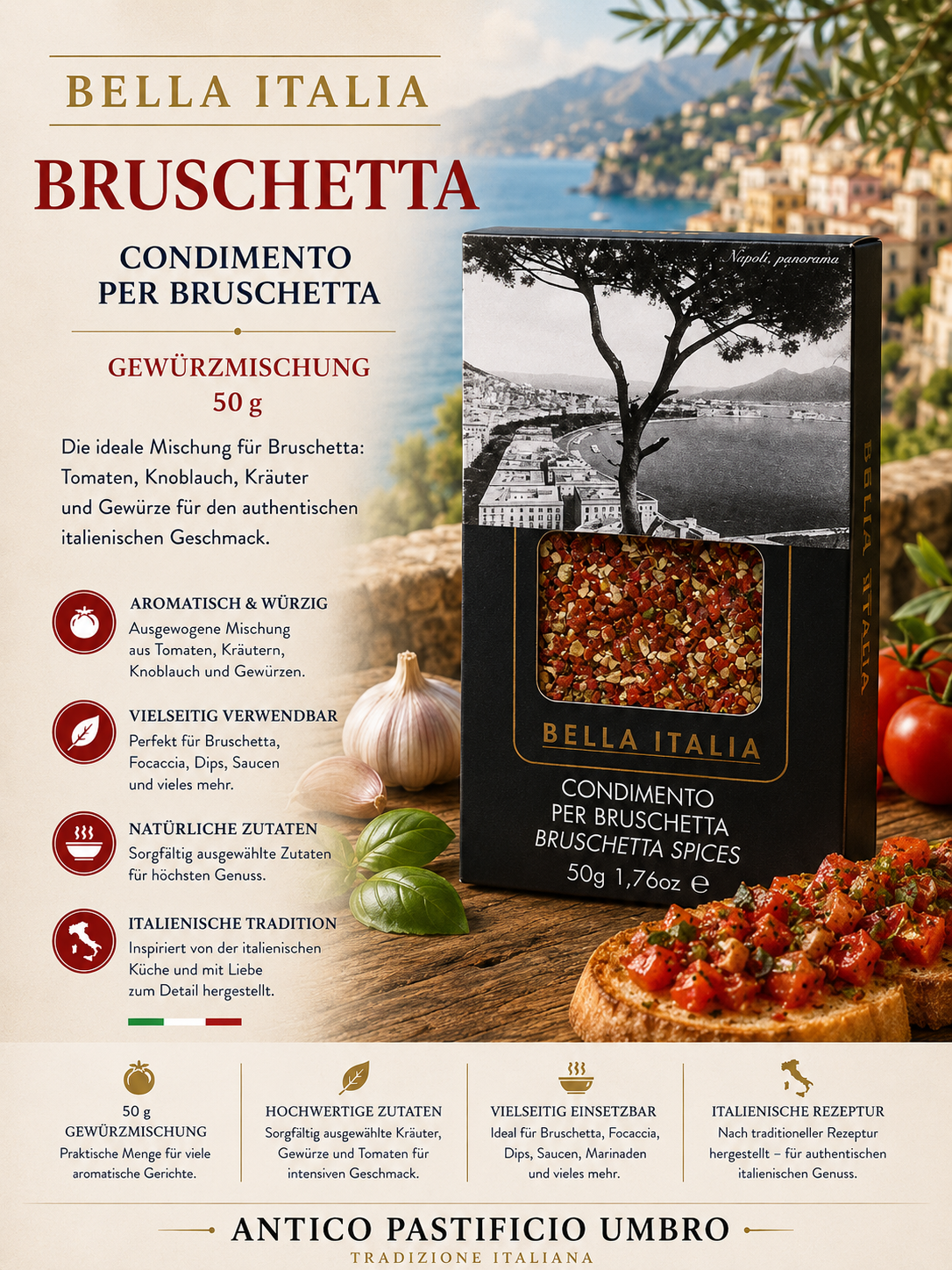 Bruschetta Gewürz, Italienische Gewürzmischung, Tomatenaroma, Knoblauch, Kräuter