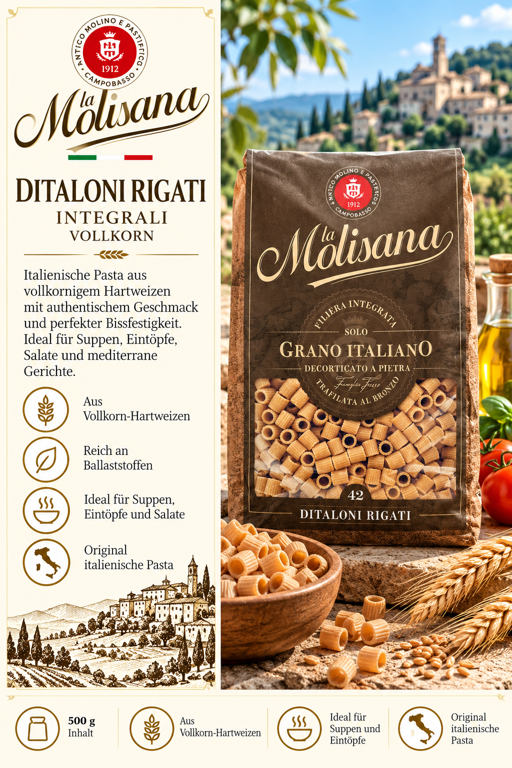 Ditaloni Rigati, Vollkornpasta, Italienische Pasta, Hartweizen, Grano Italiano
