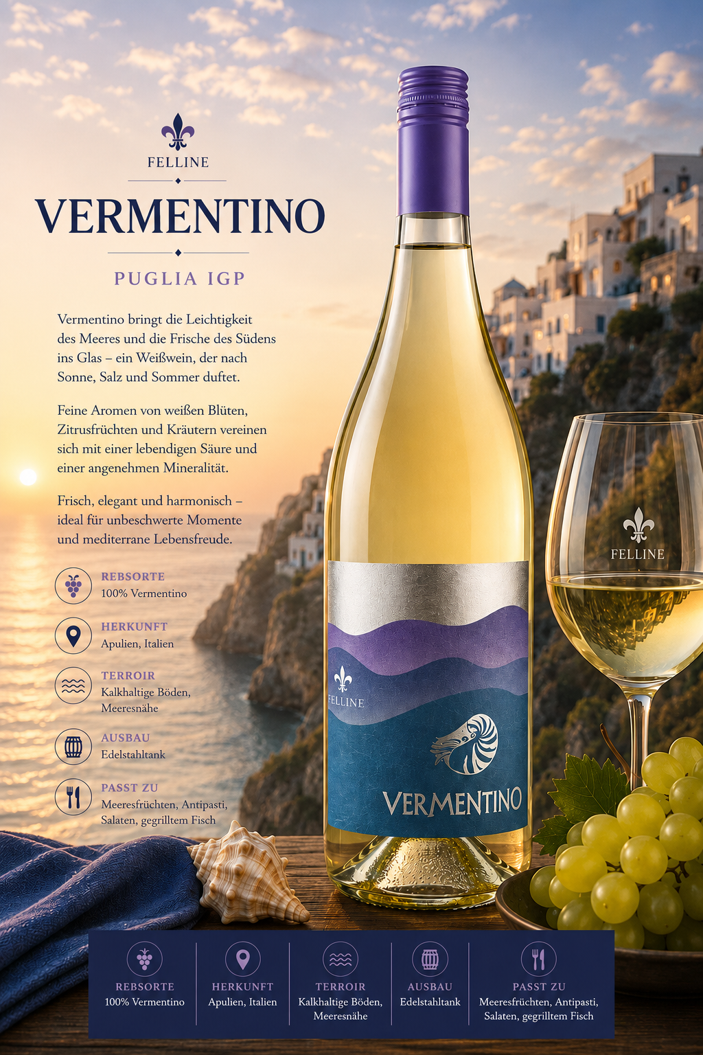 Vermentino, Weißwein, Glasflasche, Kornfarbe, Etikett