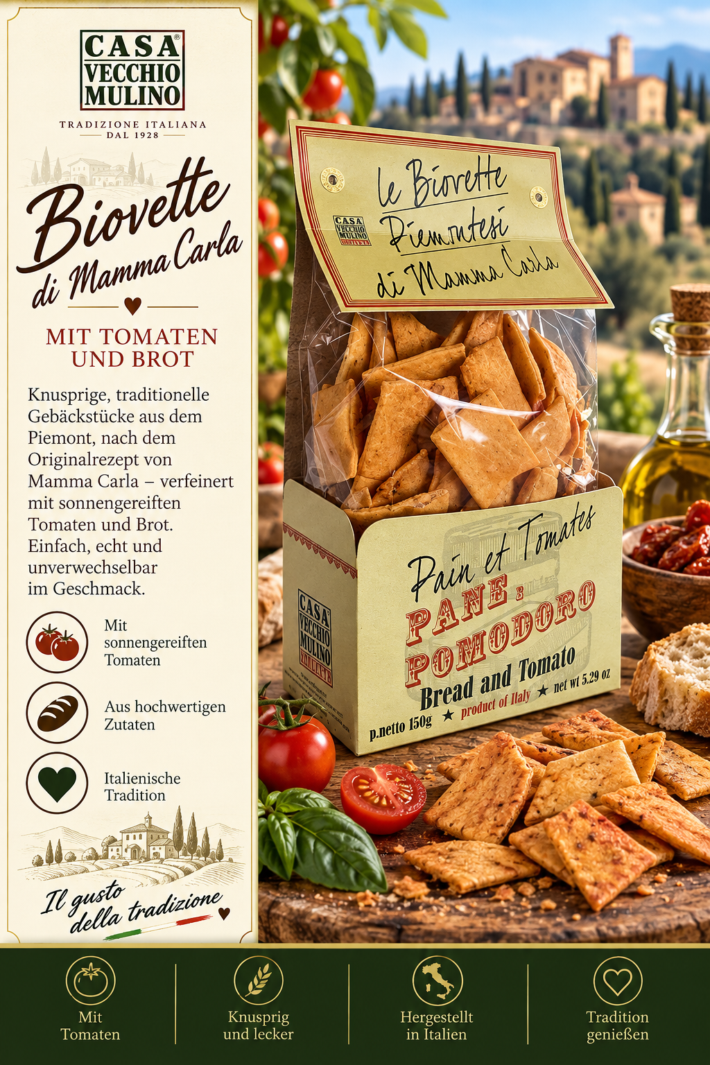 Biovette, Tomaten, Brotchips, Pane e Pomodoro, Italienische Tradition
