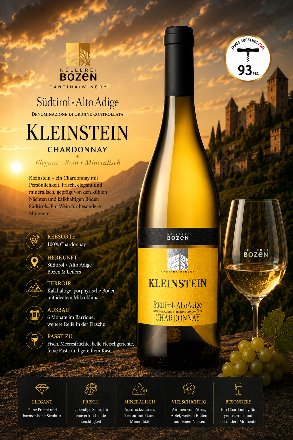 Weißwein, Chardonnay, Kleinstein, Südtirol Alto Adige, Glas Wein
