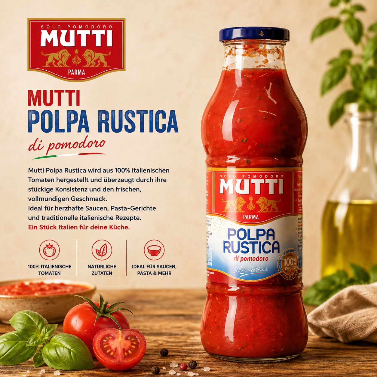 Tomatensauce, Polpa Rustica, Mutti, Glasflasche, Italienische Küche