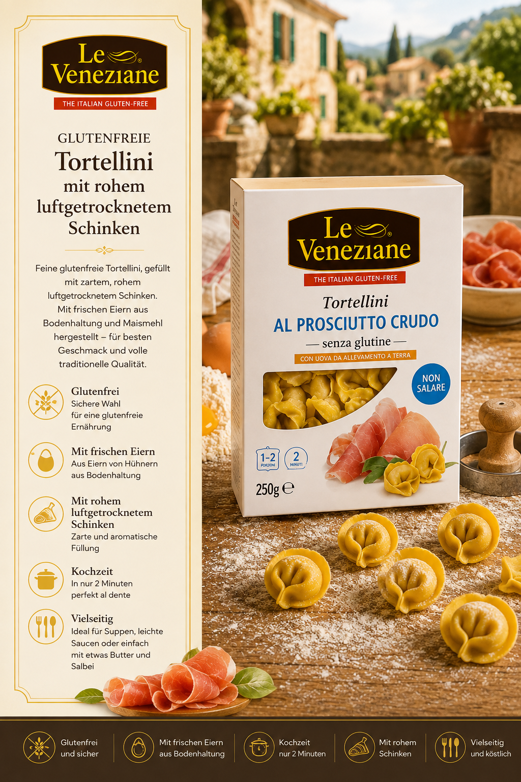 Tortellini, Al prosciutto crudo, Glutenfrei, 250 g, Non salar e