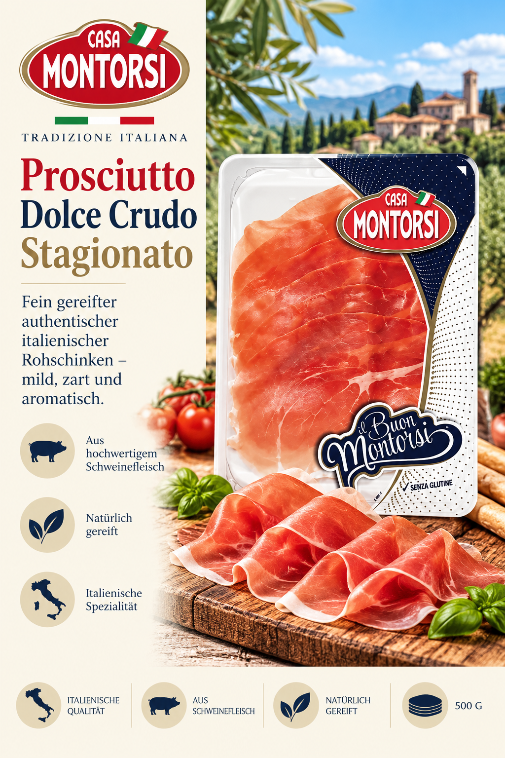 Prosciutto, Dolce Crudo, Stagionato, Rohschinken, Italienische Qualität