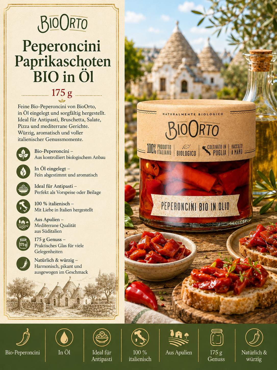 Bio, Peperoncini, Paprikaschoten, Olivenöl, Italienisch