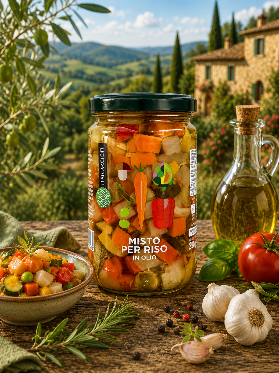 Gemüse-Mischung, Möhren, Zucchini, Olivenöl, Glasbehälter