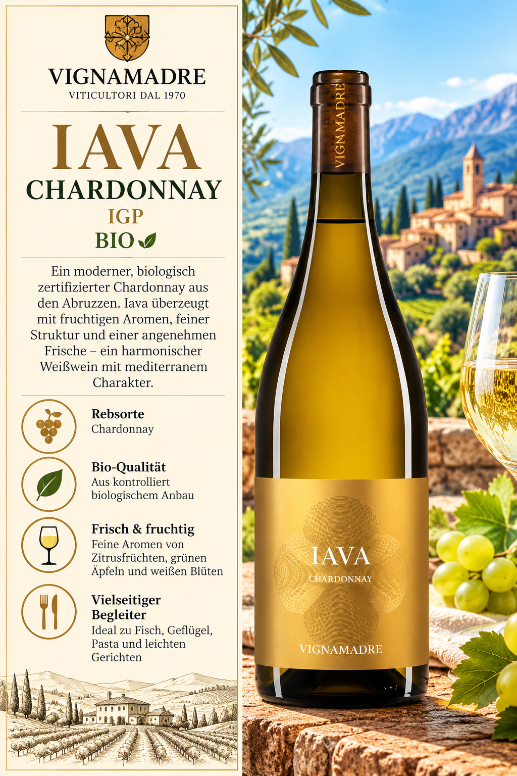 Weißwein, Chardonnay, Bio, Flasche, Etikett gold