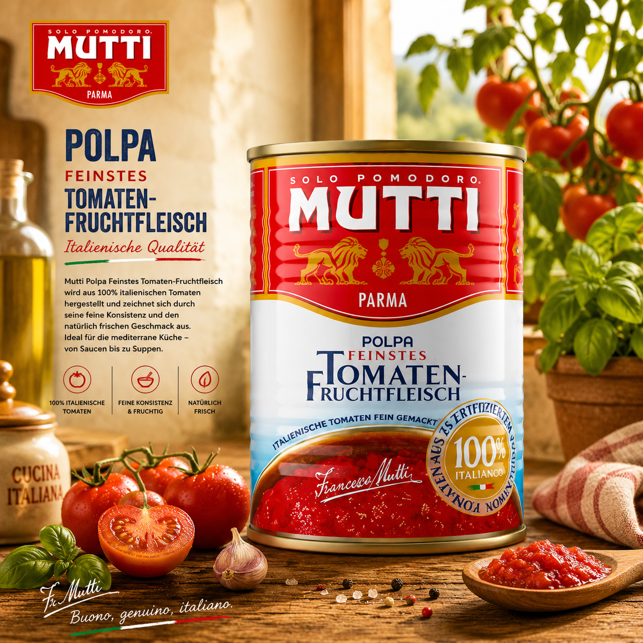Tomatenfruchtfleisch, Polpa, Tomatenkonserve, Mutti, Italienisch
