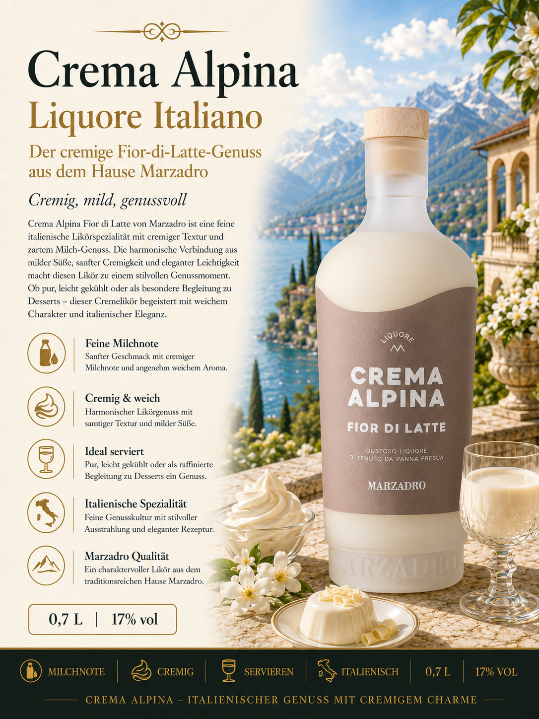 Likör, Milchlikör, Italienisch, Marzadro, 0,7L