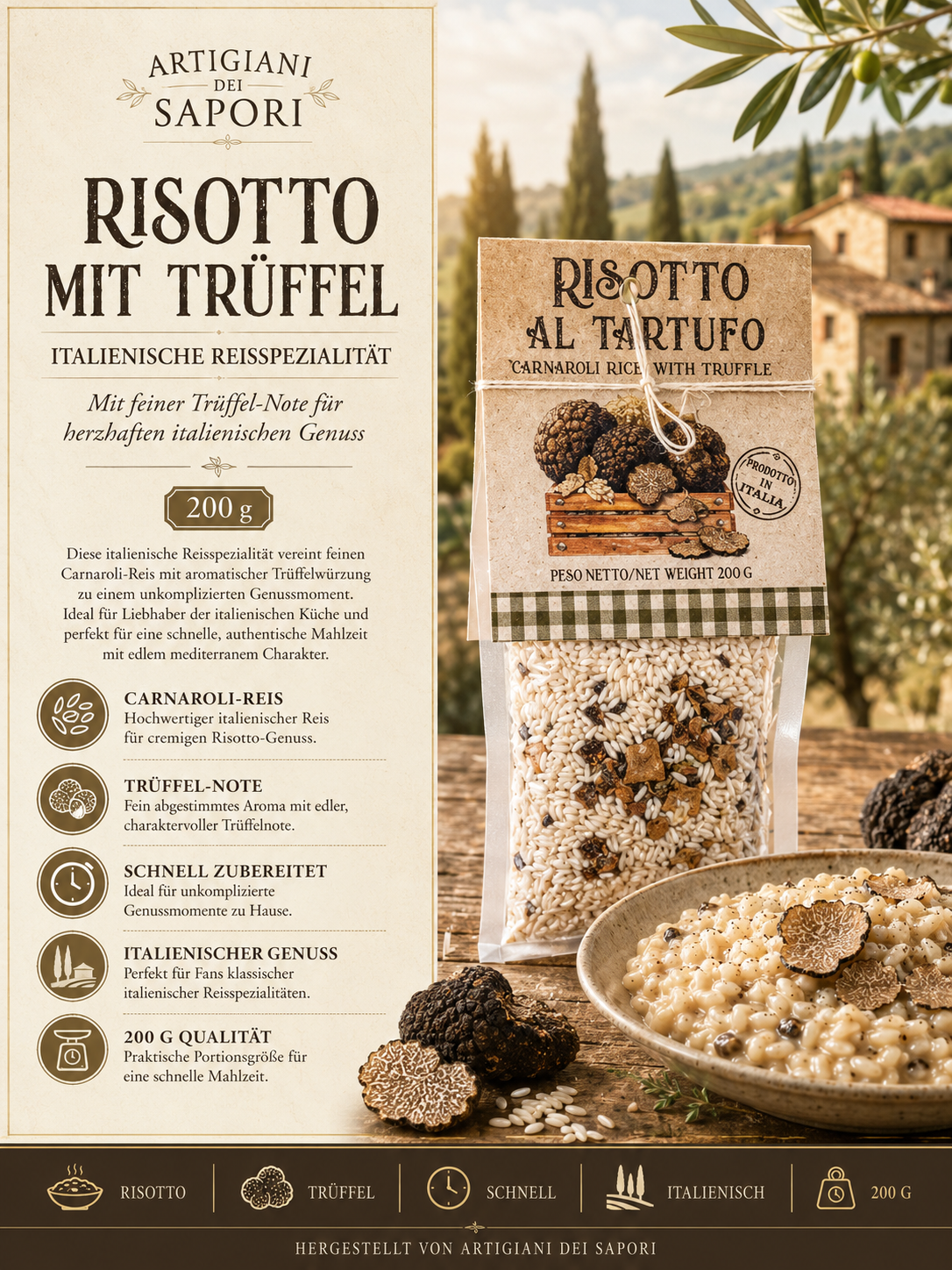 Risotto, mit Trüffel, Reisverpackung, italienische Reisspezialität, Trüffelnote