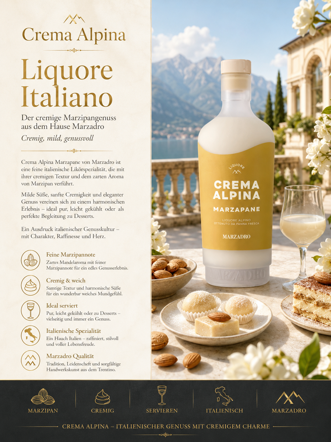 liqueur, crema alpina, marzapane, italienisch, flasche