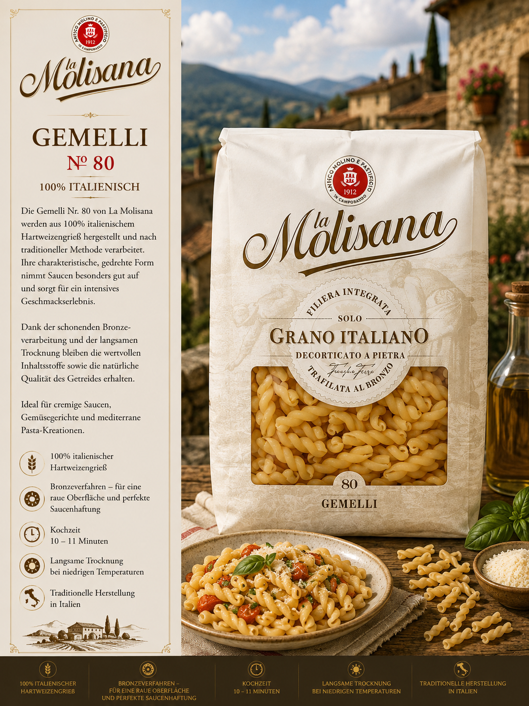 Nudeln, Grano Italiano, Gemelli, Italienische Pasta, Bronzierte Formung