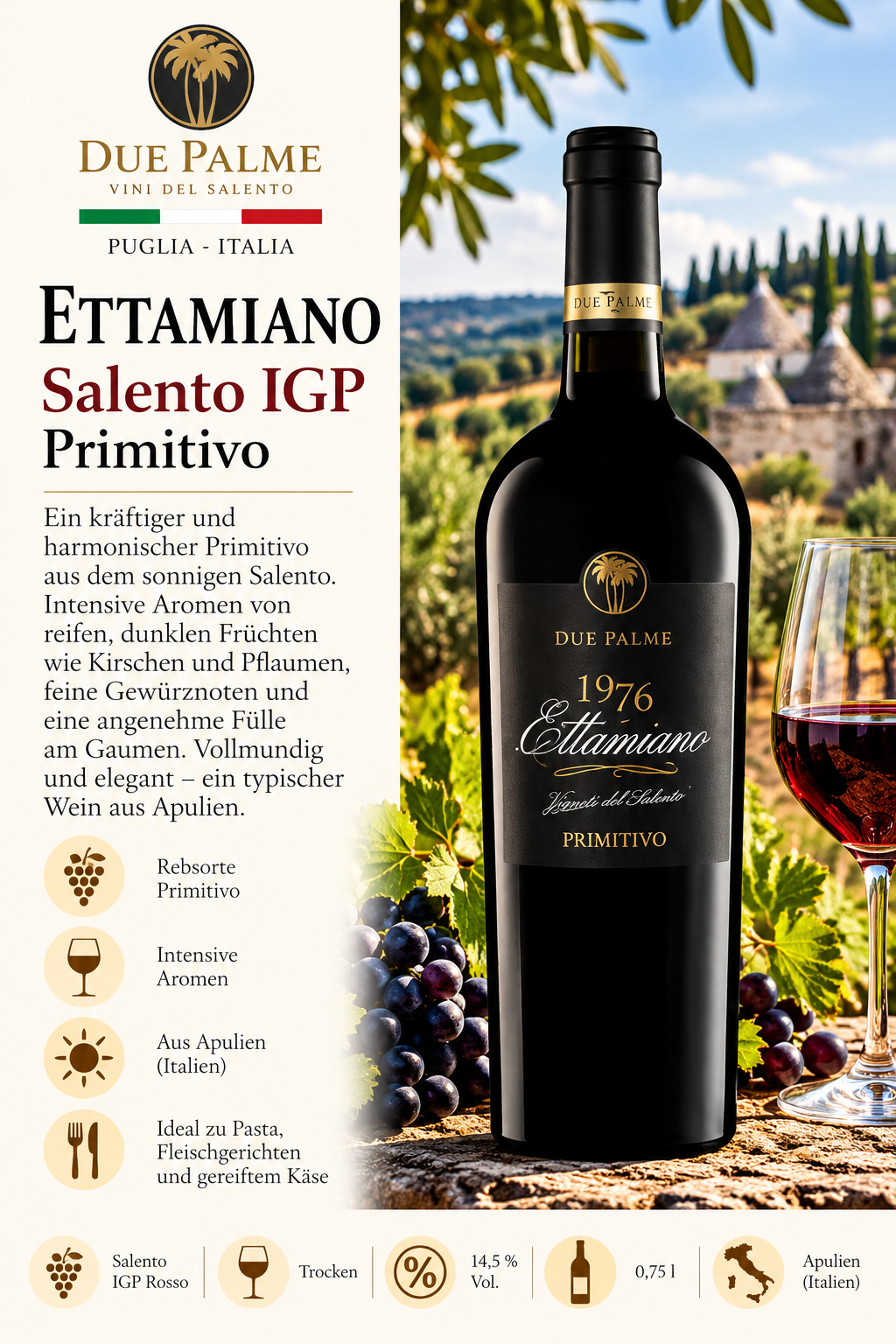 Wein, Rotwein, Ettamiano, Primitivo, Salento IGP