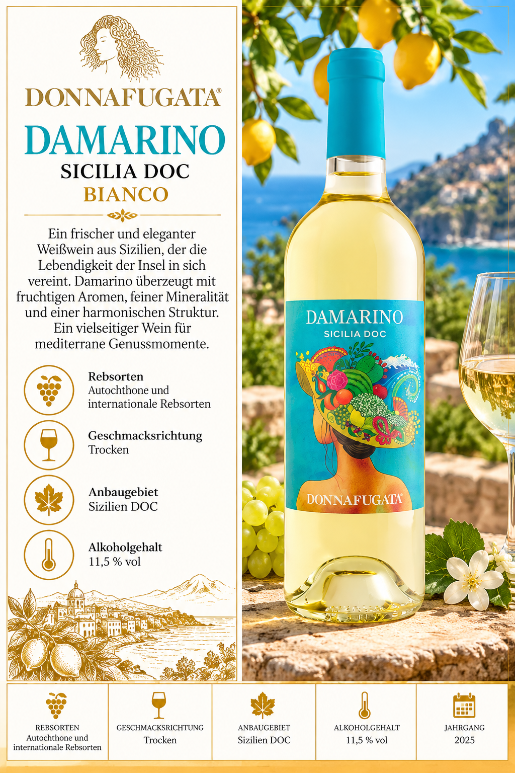 Likörwein, Damarino, Sicilia DOC, Bianco, Weinflasche