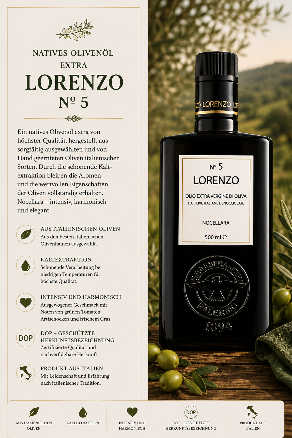 Olivenöl, Nr.5, Extra, Nocellara, Italienische Oliven