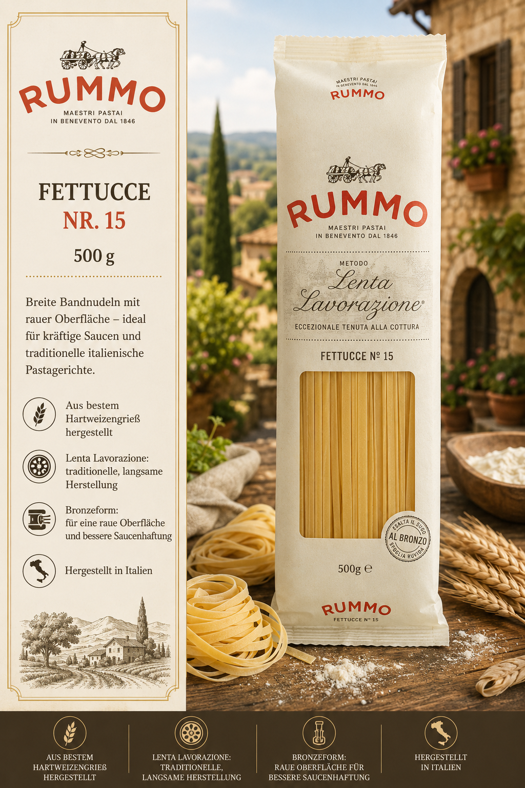 Fettuccine, italienische pasta, Getrocknete pasta, 500 g, Bronzierte Nudeln