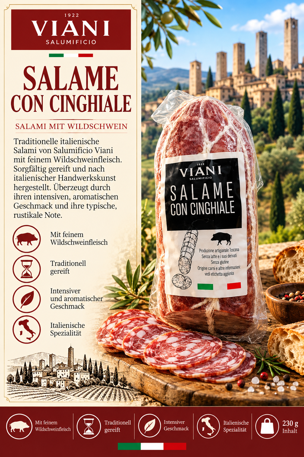 Salame, Con Cinghiale, Wurstaufschnitt, Wildschweinfleisch, Italienische Spezialität