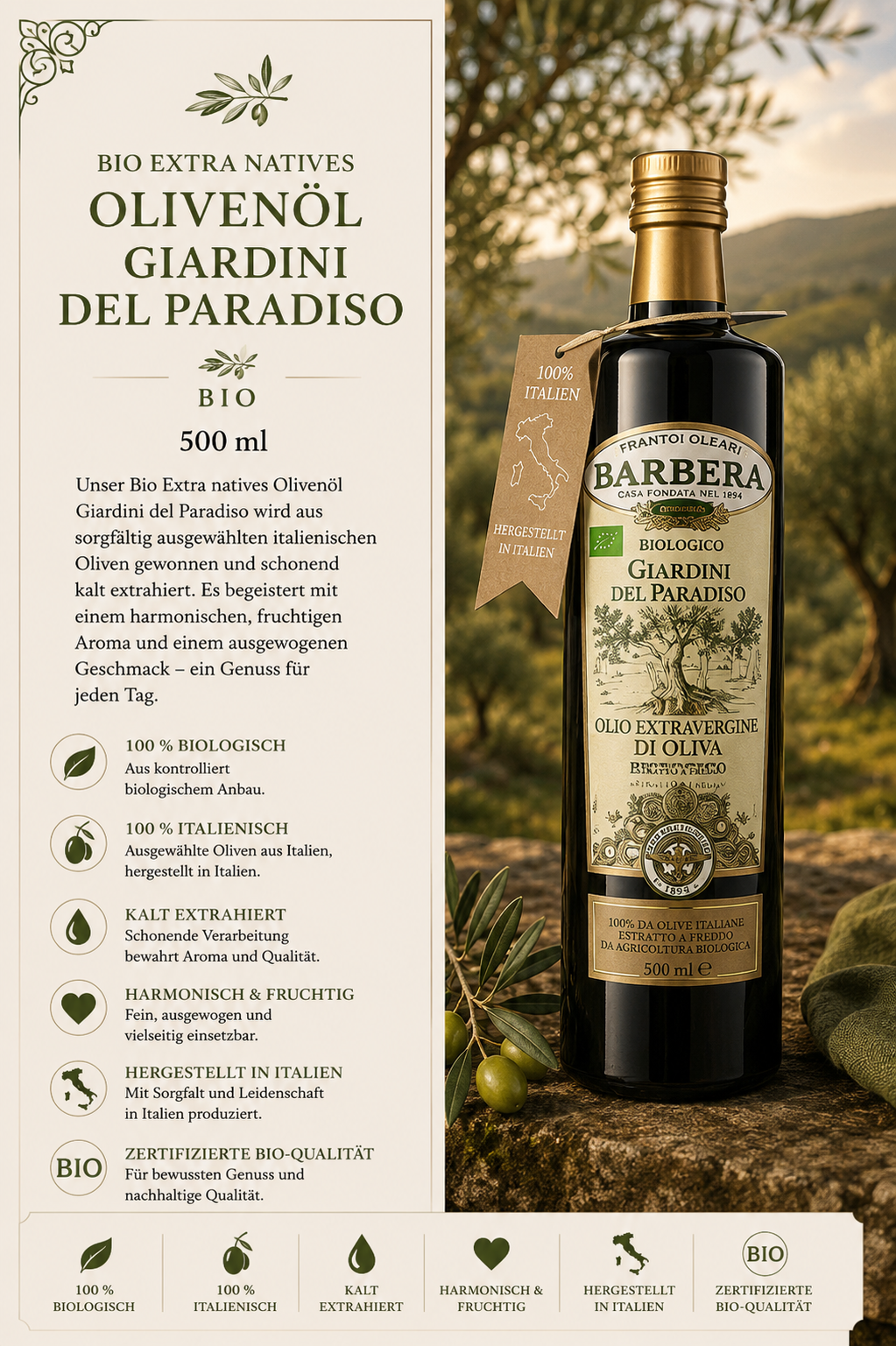 Olivenöl, Biologisch, Italienisch, Giardini Del Paradiso, 500 ml