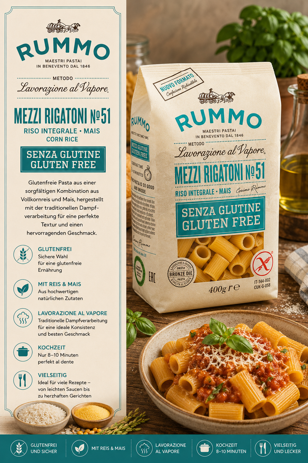 Mezzi Rigatoni, Riso integrale, Maestri pasta, glutenfrei, gluten free