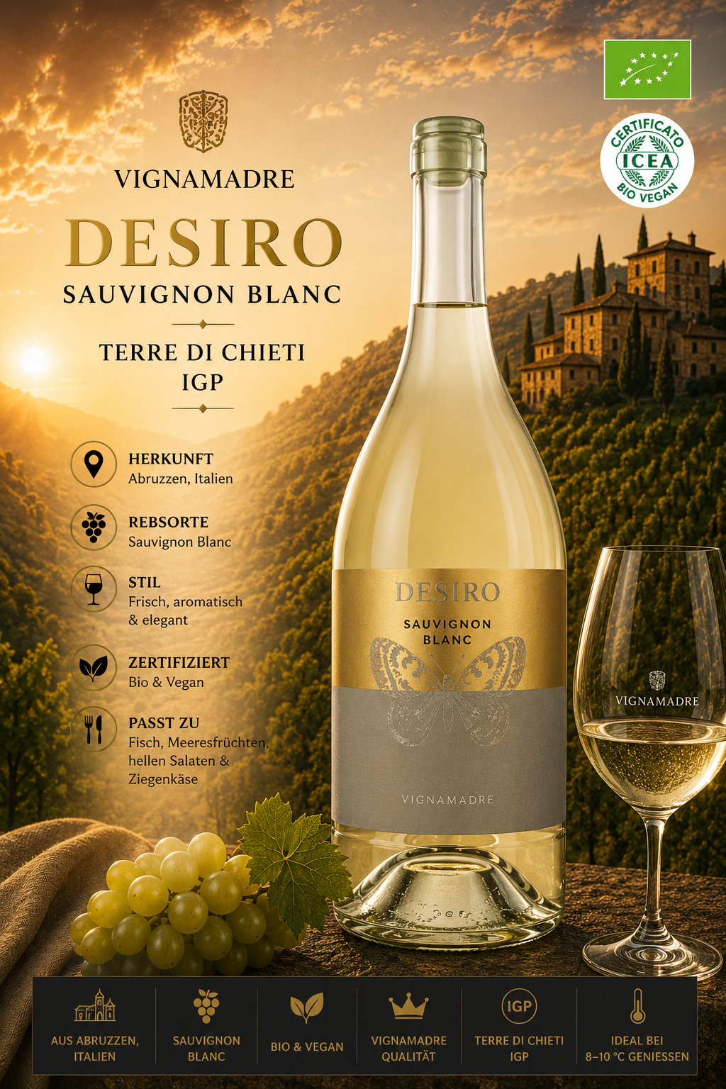 Sauvignon Blanc, Weinflasche, Birnenform, Herkunft Italien, Bio & Vegane