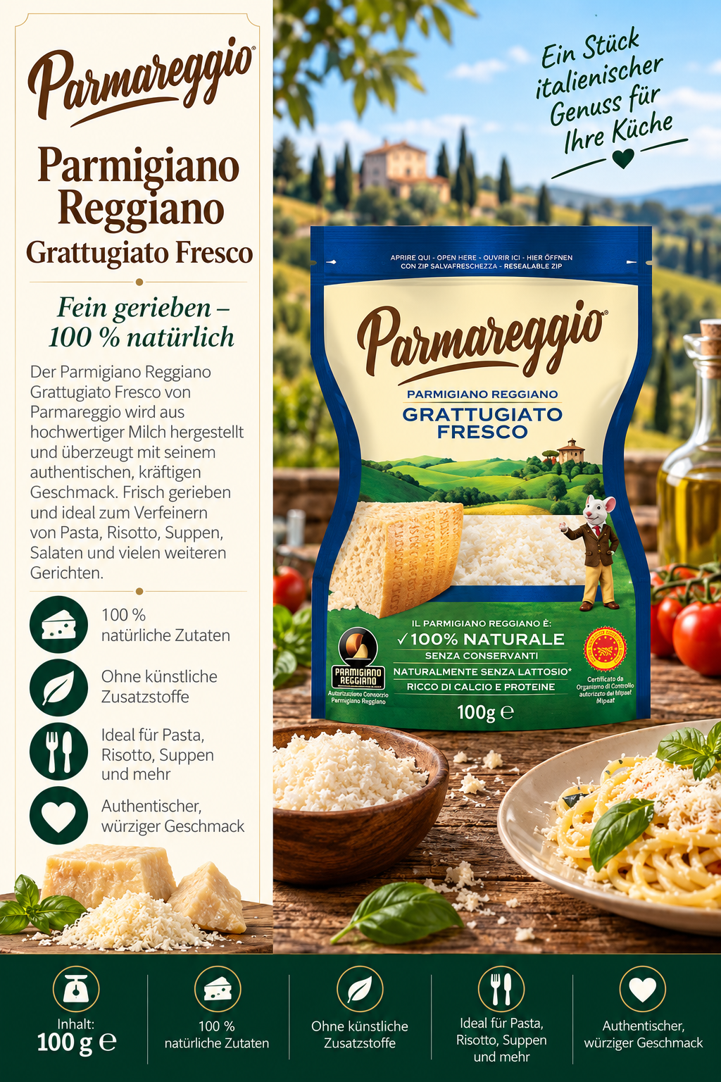 Käse, Parmesan, Grattugiato Fresco, 100% natürlich, Paket