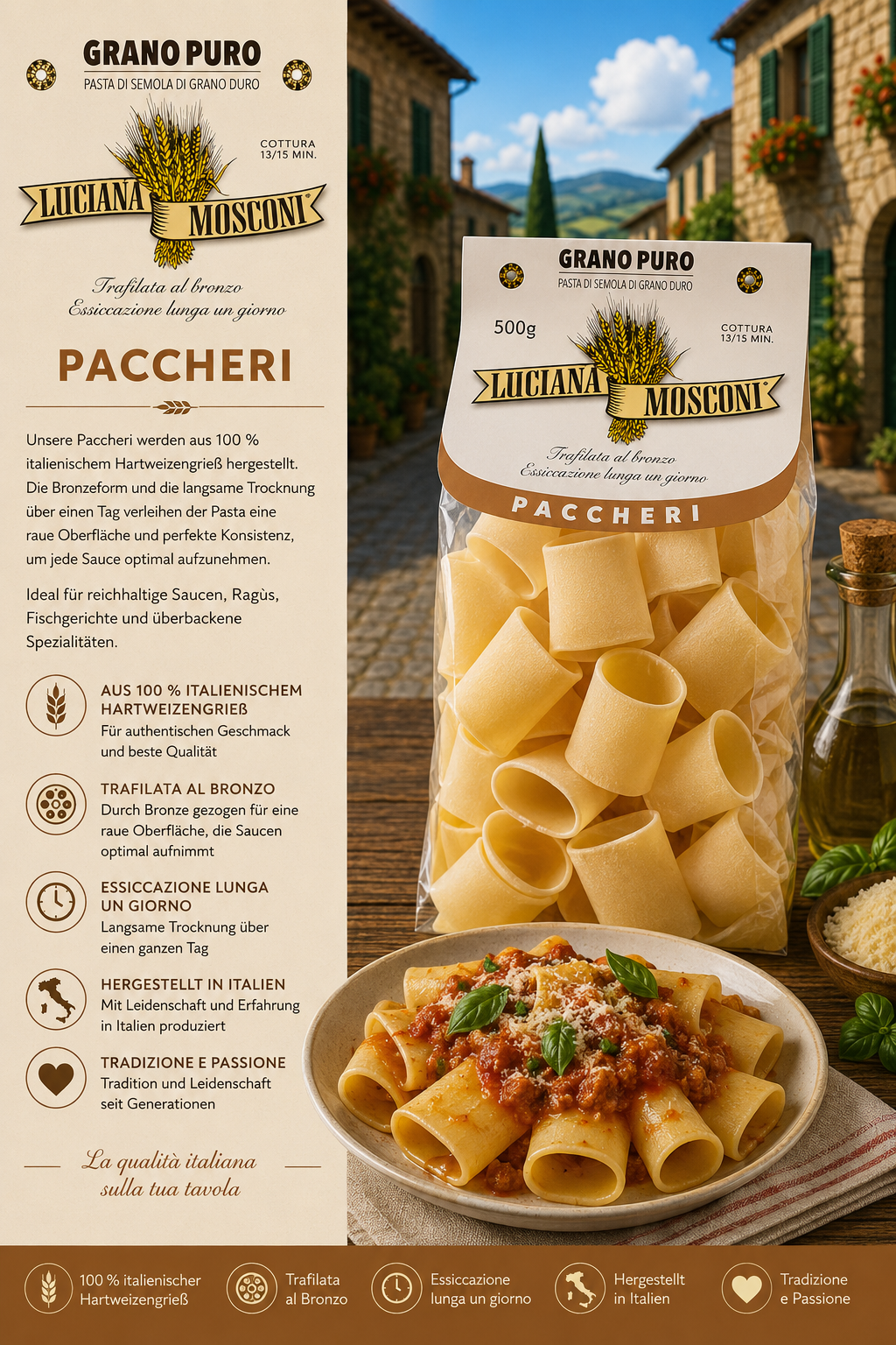 Pasta, Paccheri, Weizenkorn, Luciana Mosconi, Italienische Pasta, Pasta, Paccheri, Hartweizengrieß, Trockenpasta, Italienische Herkunft