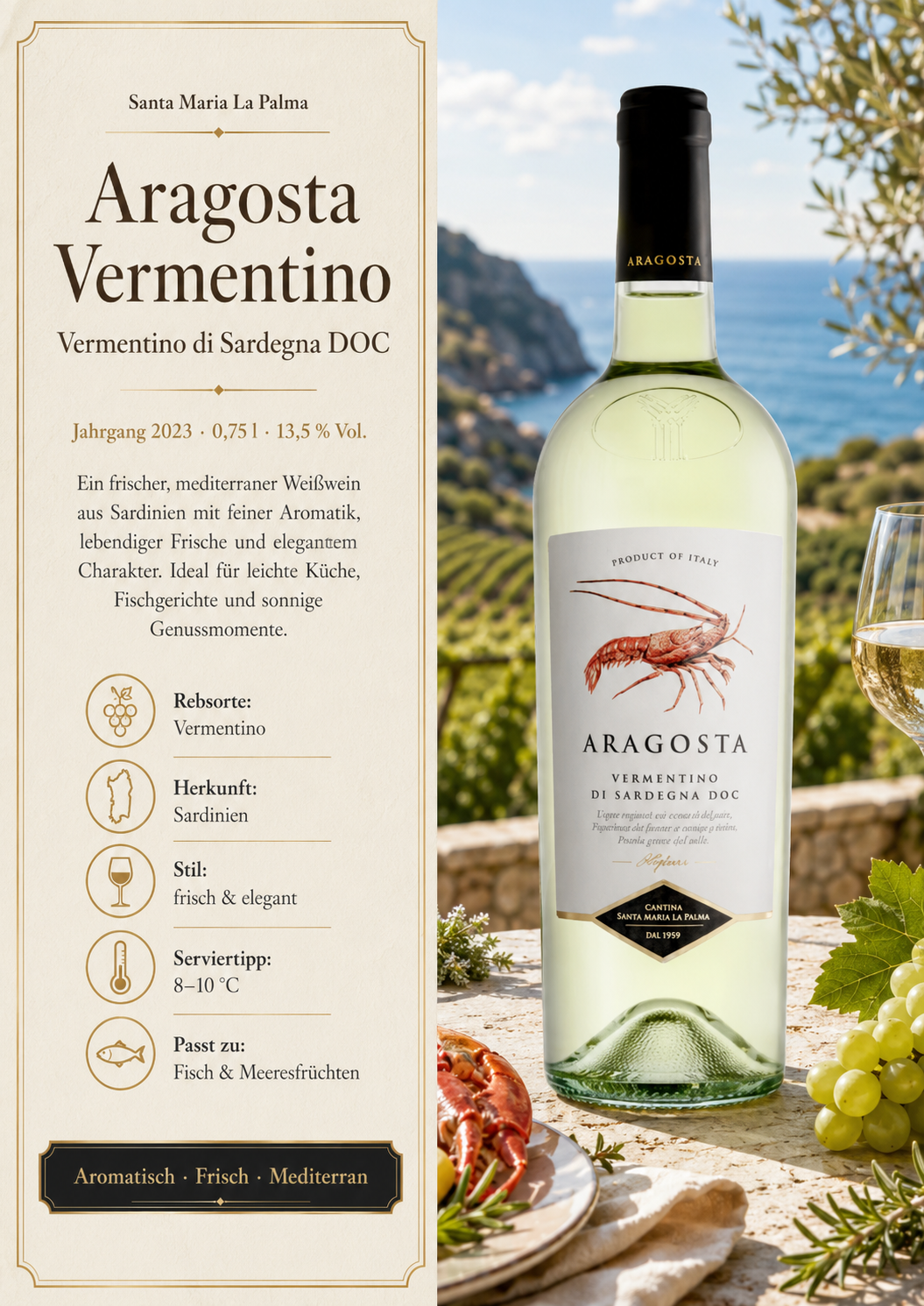 Weißwein, Vermentino, Aragosta, Sardinen, Flasche