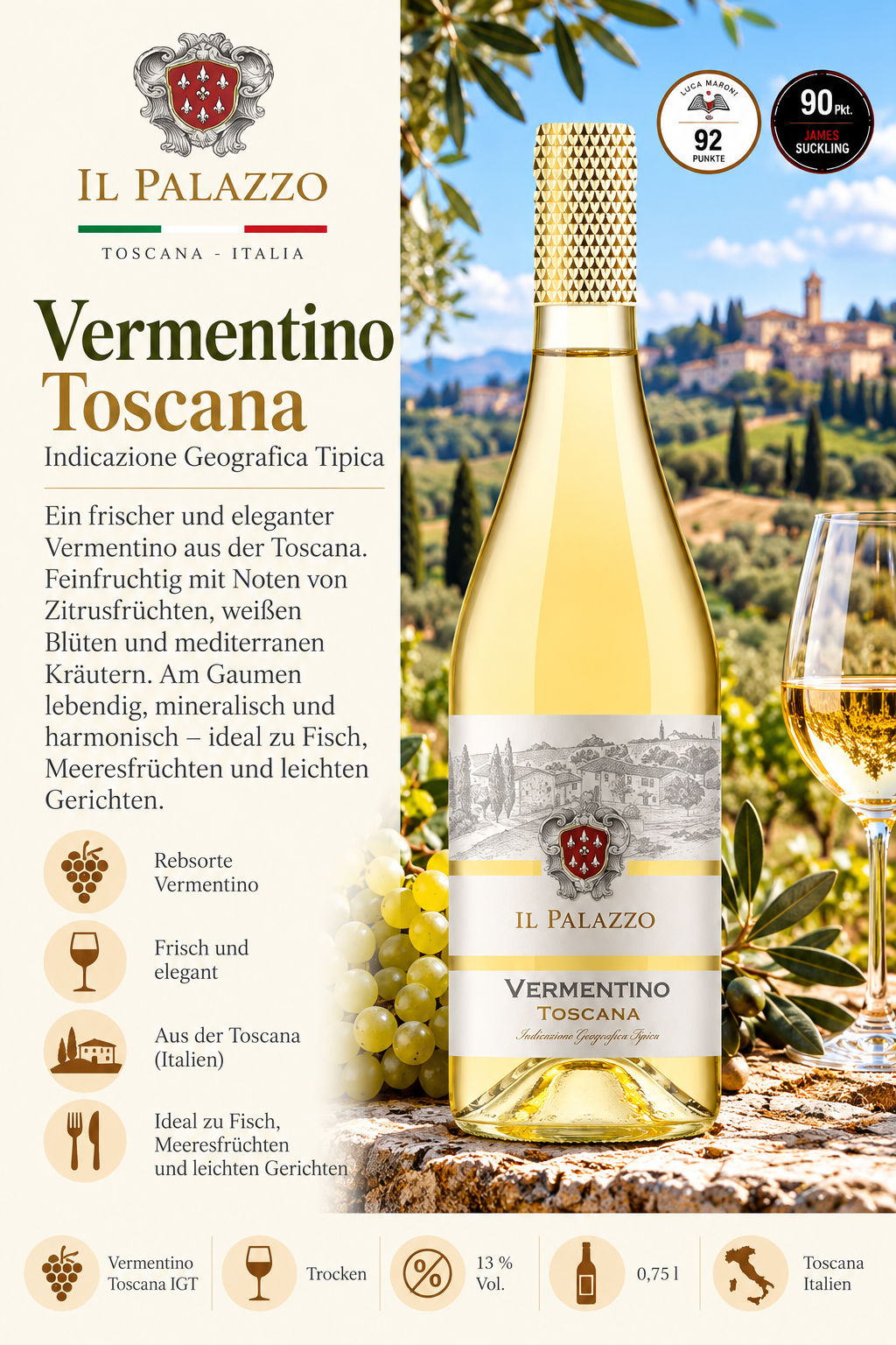 Vermentino, Wein, Toscana, Flasche, Glas