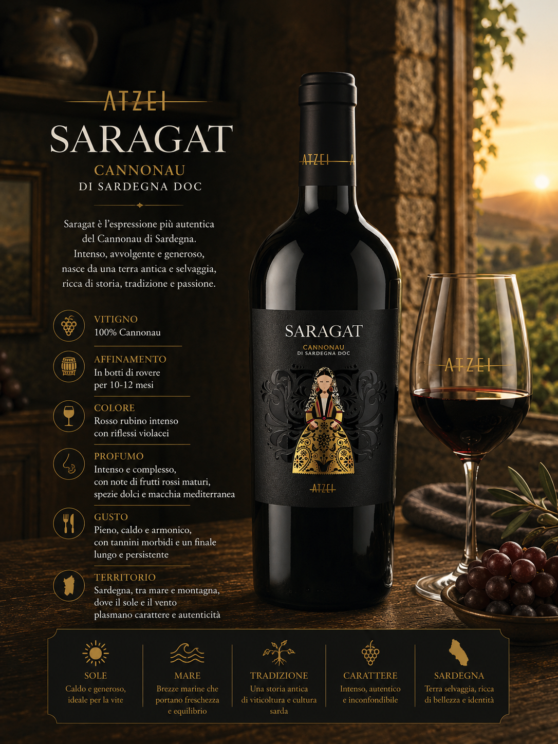 Wein, Rotwein, Sarag at, Cannonau, EtikettDesign