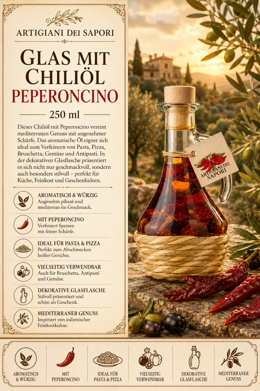 Glas mit Chiliöl, Peperoncino, 250 ml, Chiliöl, Dekorative Flasche