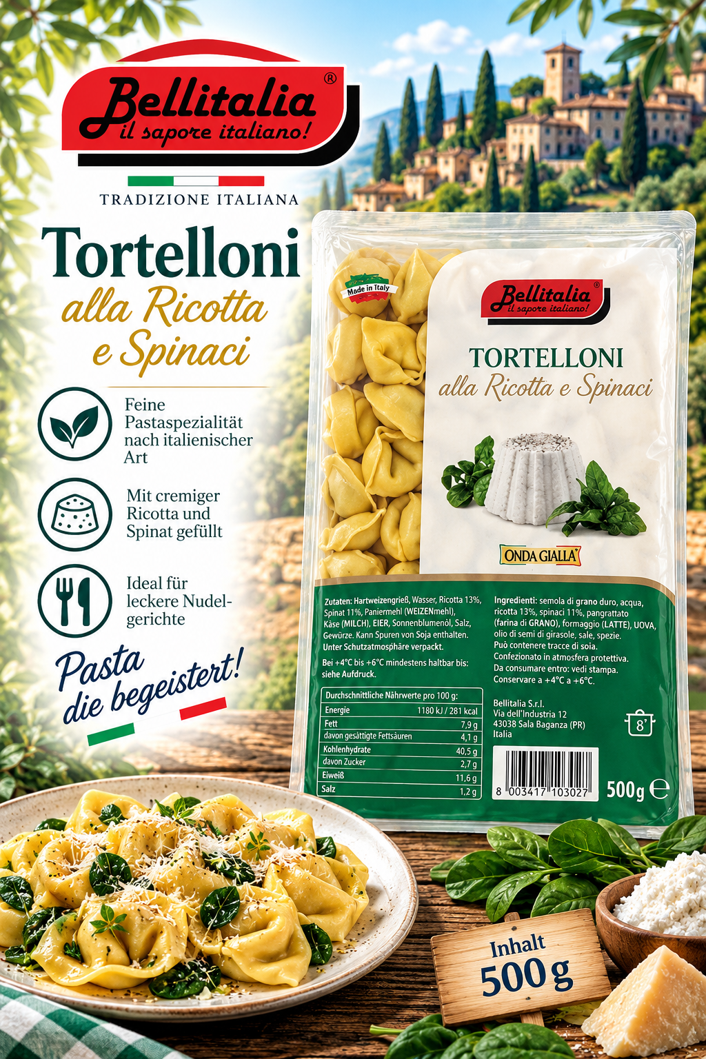 Tortellini, Ricotta, Spinat, Pasta, 500 g