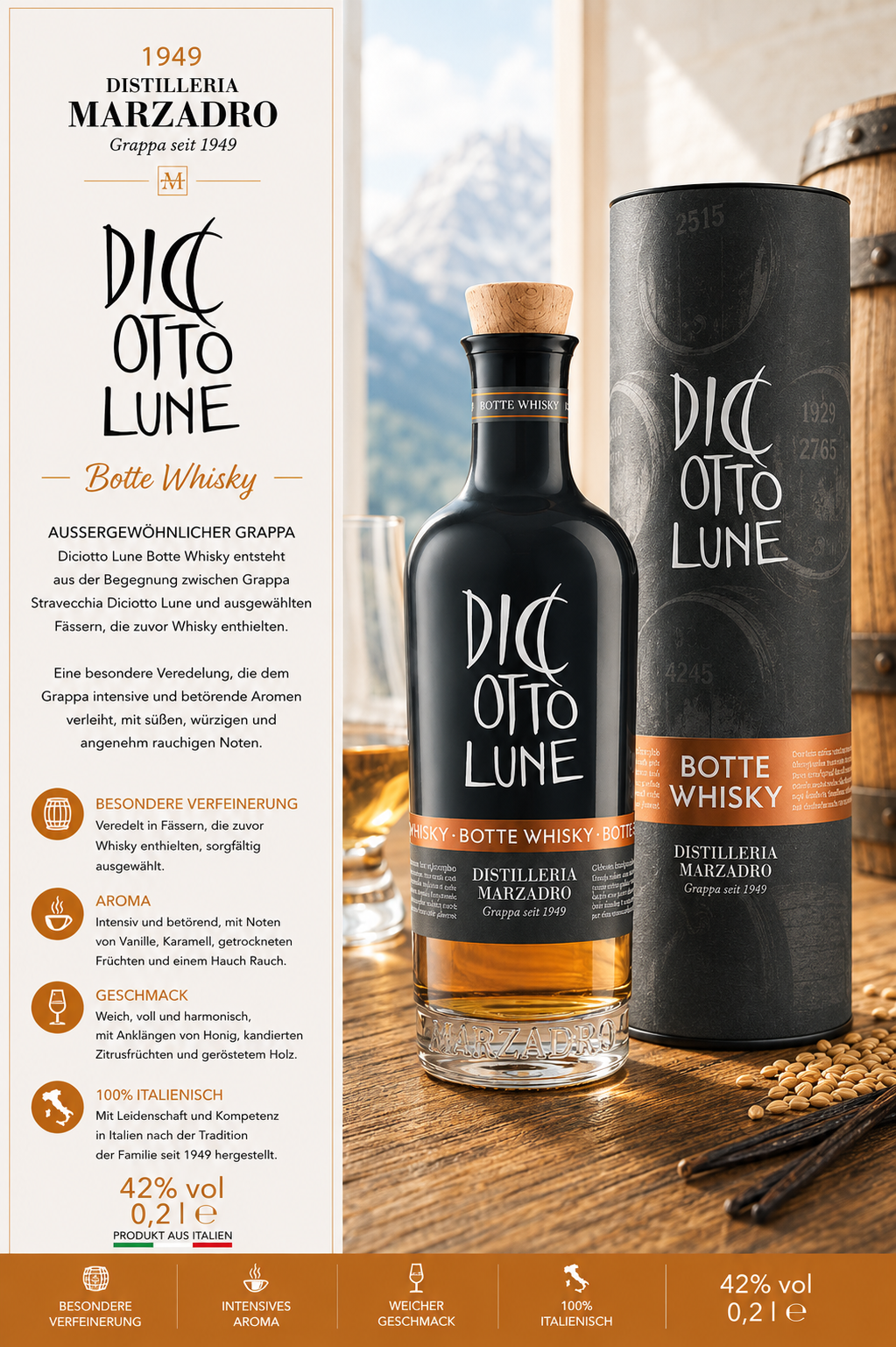 Whisky, Bottled whiskey, DICOTTO LUNE, Glasflasche, Italienischer Whisky, Whisky, Botte Whisky, Marzadro, Distillery, Flasche
