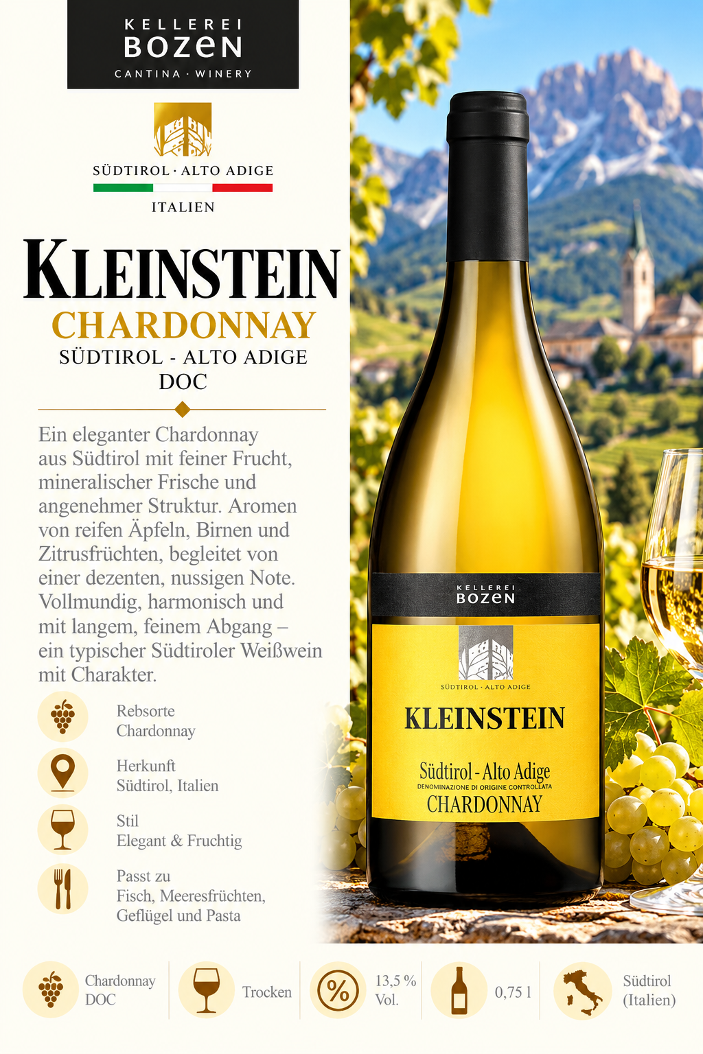 Chardonnay, Weißwein, Südtirol, Italien, Flasche