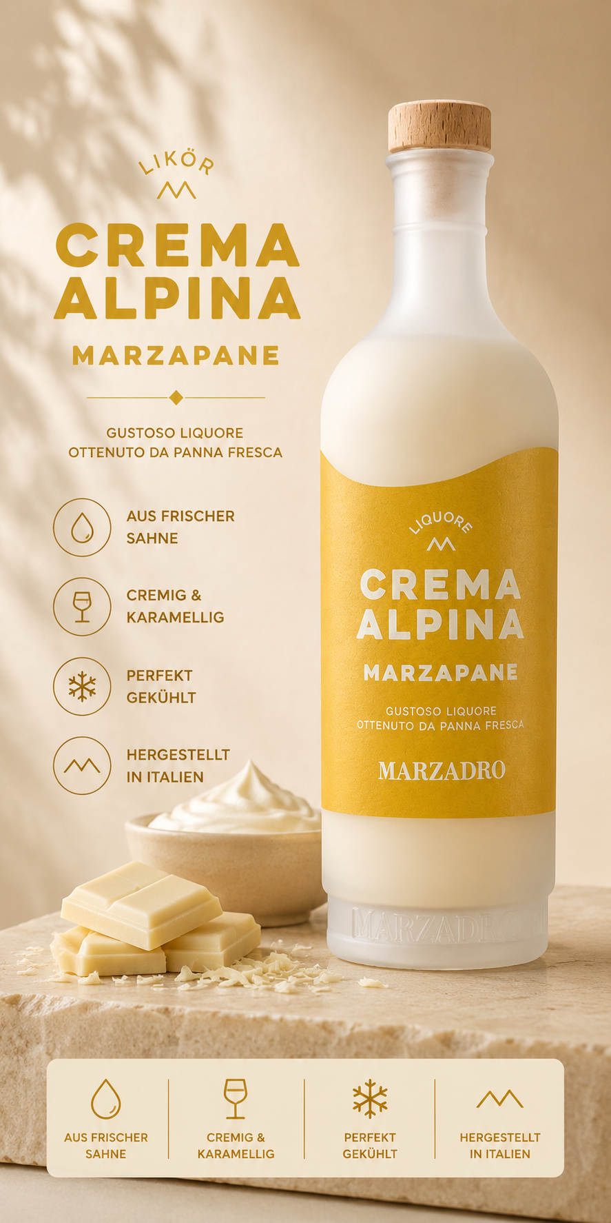 Likör, Crema Alpina, Marzapane, Schokolade, Italienische Herstellung